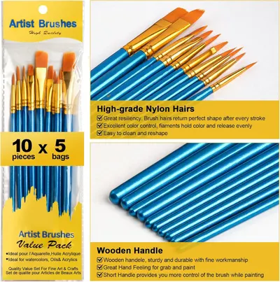 This image showcases multiple distinct benefits of the artist brushes through visually segmented panels, highlighting the quality of the nylon bristles and wooden handles to reassure shoppers of the…