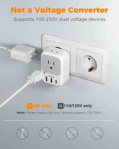 Reassures shoppers that the product supports dual voltage devices (100-250V) and clarifies it is not a voltage converter, preventing misuse and ensuring safe operation with compatible devices.…