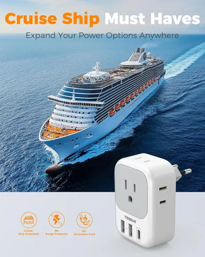 Demonstrates the product's suitability for cruise ship travel, positioning it as a must-have travel accessory that expands power options in cruise cabins. Communicates the core benefit of expanding…