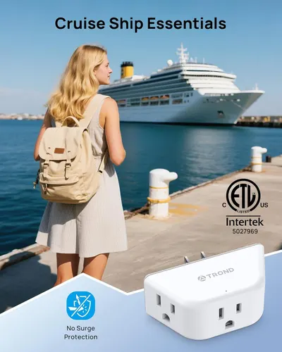 Communicates that this power adapter is cruise ship approved with no surge protection, making it safe and compliant for cruise travel. Demonstrates the specific travel scenario where this product is…
