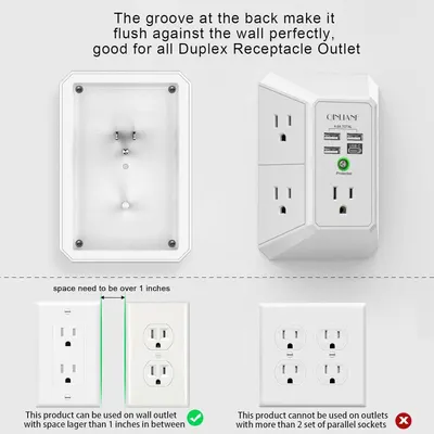 Demonstrates which types of wall outlets the product is compatible with and which configurations it cannot be used with, helping shoppers understand installation requirements and limitations.