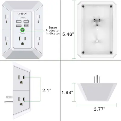 Communicates the exact physical dimensions of the wall outlet adapter from multiple angles (height, width, depth) to help shoppers understand how much space it will occupy and ensure it fits their…