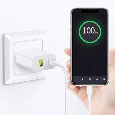 Demonstrates the charging performance by showing a phone at 100% battery, reassuring shoppers that the charger delivers fast and complete charging capability. Shows the product in use within a…