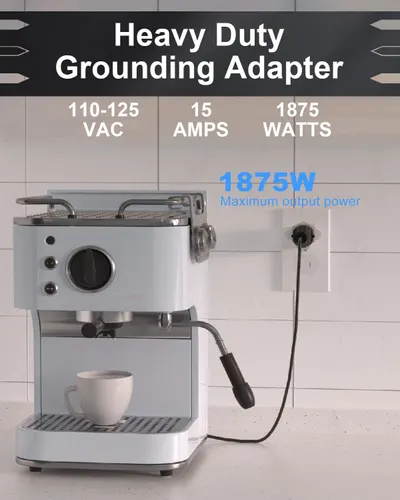 Communicates the electrical specifications and maximum power output of the grounding adapter to reassure shoppers it can handle heavy-duty appliances like espresso machines. Highlights the adapter's…