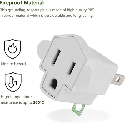 Communicates multiple safety benefits of the grounding adapter plug, emphasizing its fireproof construction, fire safety, and high temperature resistance to reassure shoppers about product…