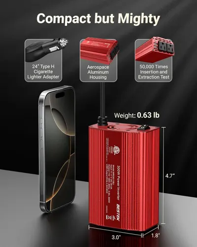 Communicates the product's compact physical size (4.7" x 3.0" x 1.8") and light weight (0.63 lb) to reassure shoppers that it's portable and space-efficient despite its power capabilities.…