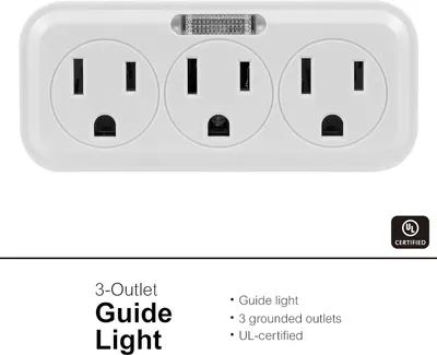 Communicates multiple key features of the outlet extender including the built-in guide light, three grounded outlets, and safety certification to reassure shoppers of functionality and safety.