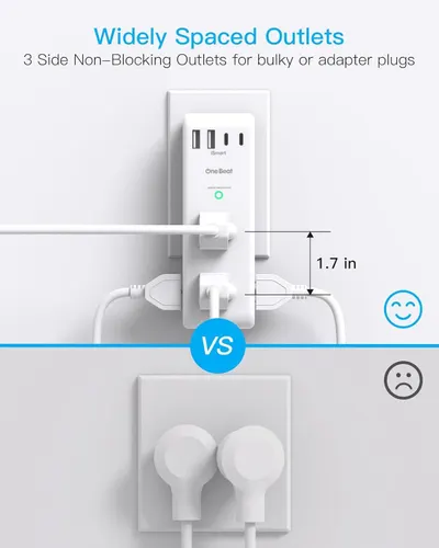 Demonstrates the product's superior outlet spacing (1.7 inches) compared to standard outlets, showing how it accommodates bulky plugs without blocking adjacent outlets.