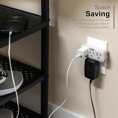Demonstrates how the wall tap's horizontal design keeps plugs close to the wall to reduce clutter and save space in the room.