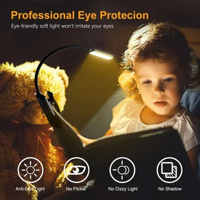 Communicates multiple eye protection benefits of the reading light to reassure parents that the product is safe and comfortable for children's eyes during reading.