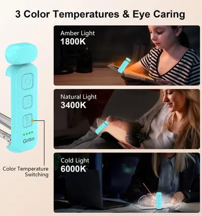 Demonstrates the product's versatility by showing three different color temperature modes (Amber 1800K, Natural 3400K, Cold 6000K) and how each can be used in different reading, working, and…