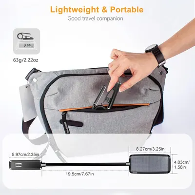 Communicates the product's portability through exact weight (63g/2.22oz) and dimensional measurements, reassuring shoppers that it's travel-friendly and easy to carry. Highlights the product's…