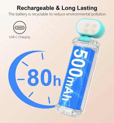 Communicates the product's long battery life (80 hours) and capacity (500mAh) to reassure shoppers of extended usage between charges. Highlights the eco-friendly nature of the rechargeable and…