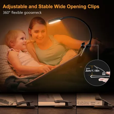 Highlights the physical design features of the lamp, specifically the adjustable wide-opening clips that can accommodate items up to 3cm/1.18in thick and the 360° flexible gooseneck for positioning.…