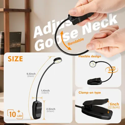 Communicates the physical dimensions and flexible design of the clip-on light, reassuring shoppers about its size, bendability, and clamp mechanism for versatile positioning.