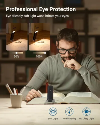 Communicates multiple eye-care benefits of the reading lamp including adjustable brightness levels, soft light quality, flicker-free operation, and anti-dizzy technology to reassure shoppers about…