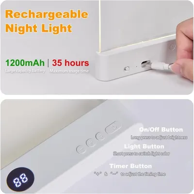 Communicates multiple key benefits of the night light including its large battery capacity (1200mAh), extended usage time (35 hours), and various control functions (on/off, brightness adjustment,…