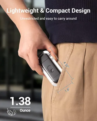 Communicates the product's pocket-friendly size (4.32" x 1.8") and ultra-light weight (1.38 ounces) to reassure shoppers it's portable and easy to carry. Highlights the product's portability benefit…