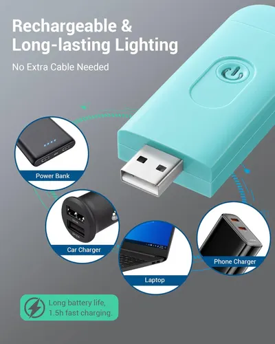 Demonstrates the product's versatility by showing multiple ways it can be recharged (power bank, car charger, laptop, phone charger), reassuring shoppers that the product is convenient and…