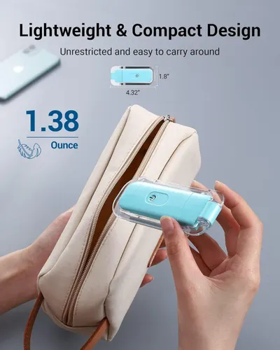 Communicates the product's portability by showing exact dimensions (4.32 x 1.8 inches) and ultra-light weight (1.38 ounces), reassuring shoppers it's easy to carry and fits in small bags. Reinforces…
