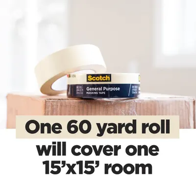 Communicates the product's coverage capacity by stating that one 60-yard roll can cover a 15'x15' room, helping shoppers understand how much tape they need for their project. Highlights the…