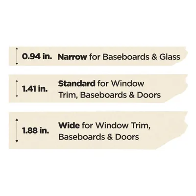 Communicates the three available width dimensions and their specific applications to help shoppers choose the right size for their baseboards, window trim, doors, or glass installation needs. Shows…