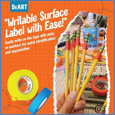 Highlights the tape's writable surface feature, reassuring shoppers that they can easily label and organize items with pens or markers for quick identification.