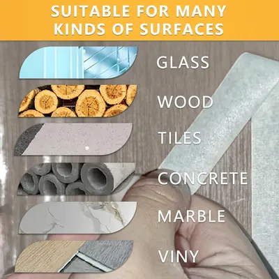 Demonstrates the product's versatility by showing it can be used on multiple surface types including glass, wood, tiles, concrete, marble, and vinyl, reassuring shoppers of its wide applicability.