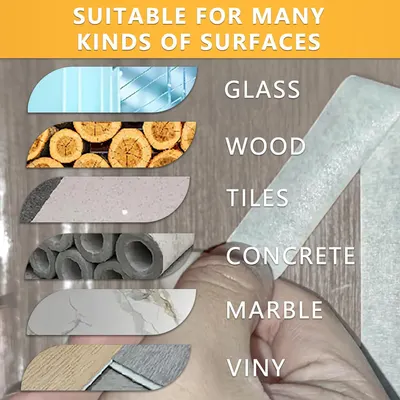 Demonstrates the product's versatility by showing it can be used on multiple surface types including glass, wood, tiles, concrete, marble, and vinyl, reassuring shoppers of its broad applicability.