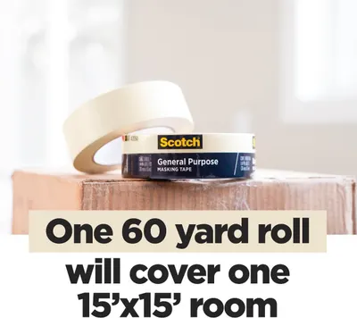 Communicates the product's coverage capacity by stating that one 60-yard roll can cover a 15'x15' room, helping shoppers understand how much tape they need for their project. Highlights the generous…