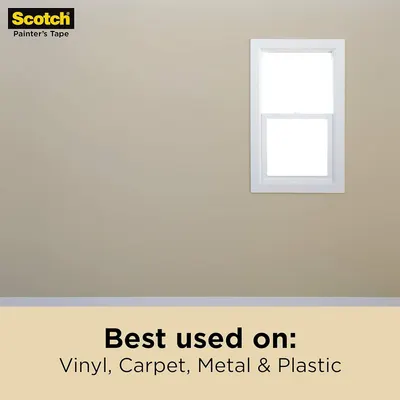 Demonstrates the multiple surfaces and materials where the painter's tape can be effectively used, reassuring shoppers of its versatility across vinyl, carpet, metal, and plastic.
