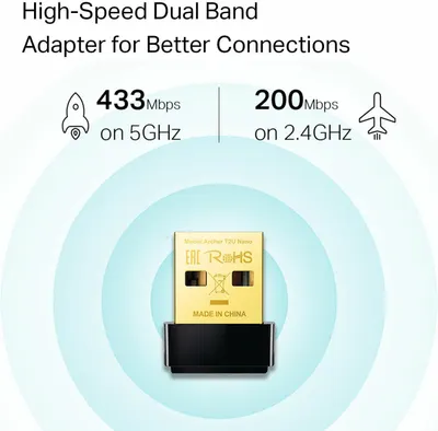 Communicates that the adapter supports dual-band WiFi with specific speed metrics on both 5GHz and 2.4GHz bands, reassuring shoppers of fast and reliable connectivity.
