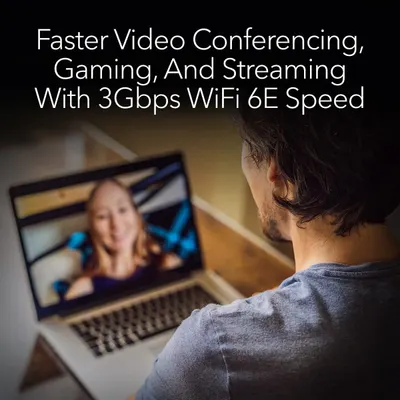 Communicates the product's high-speed performance capability (3Gbps WiFi 6E) to reassure shoppers that it can handle demanding tasks like video conferencing, gaming, and streaming. Demonstrates…