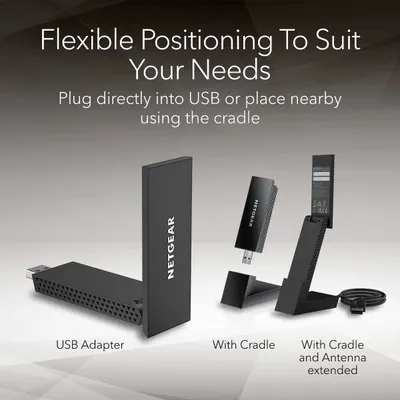 Demonstrates the product's versatility by showing three different setup configurations (USB adapter, with cradle, with cradle and antenna extended) to reassure shoppers they can position and use the…