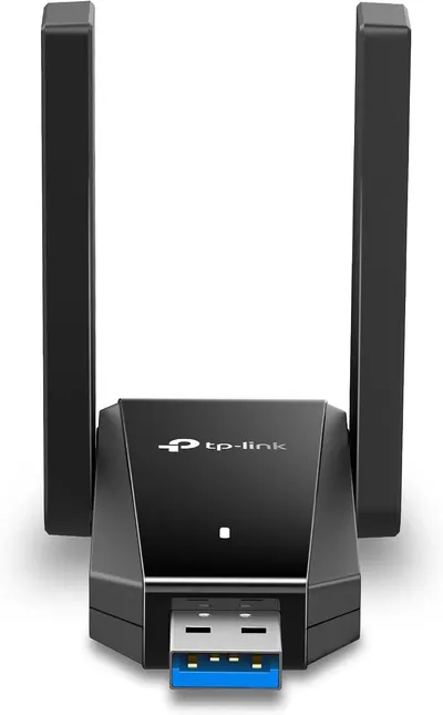 Provides a clean, catalog-style view of the TP-Link wireless adapter with its dual antennas and USB connector, allowing shoppers to see the product design and physical form factor clearly.