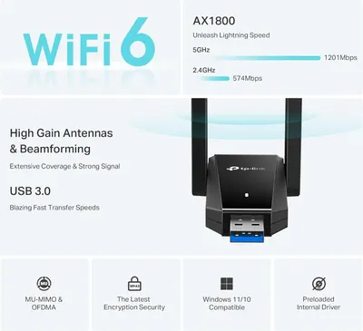 Communicates multiple technical features and benefits of the WiFi adapter in a segmented layout, including speed specs, antenna technology, USB connectivity, security, and compatibility to help…