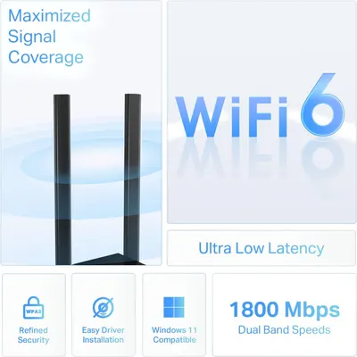 Communicates multiple key selling benefits of the WiFi router/adapter including signal coverage, WiFi 6 technology, speed, latency, security, and compatibility to demonstrate comprehensive product…