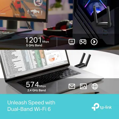 Communicates the dual-band Wi-Fi 6 capability with specific speed metrics for different use cases—high-speed gaming/streaming on 5 GHz and everyday tasks on 2.4 GHz—to show versatility and…