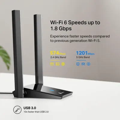 Communicates multiple technical benefits of the router including Wi-Fi 6 speeds up to 1.8 Gbps, dual-band performance (574 Mbps on 2.4 GHz and 1201 Mbps on 5 GHz), and USB 3.0 connectivity that is…