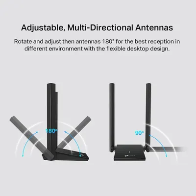 Communicates that the antennas can be rotated and adjusted 180 degrees for optimal reception in different environments, emphasizing flexibility and customization for better performance.