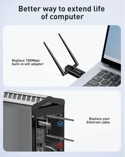 Demonstrates two distinct applications for the WiFi adapter: replacing a built-in 150Mbps WiFi adapter in laptops and replacing Ethernet cables in desktop computers, showing the product's…
