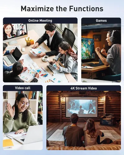 Demonstrates the product's versatility by showing multiple use cases including online meetings, gaming, video calls, and 4K video streaming to communicate that it can handle diverse activities.