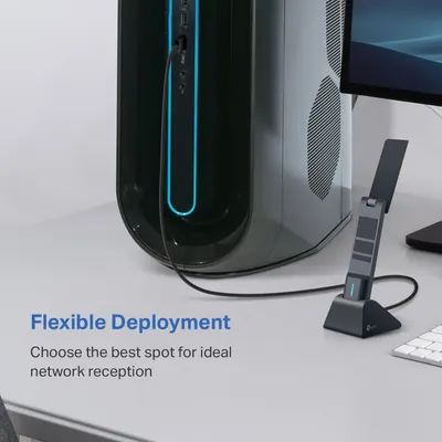 Communicates that the product (a network adapter or receiver) can be positioned flexibly via a long cable to optimize network reception, offering convenience and better connectivity.