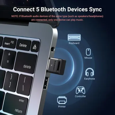 Demonstrates the versatility of the Bluetooth adapter by showing it can connect to five different types of devices simultaneously, reassuring shoppers of its broad compatibility and multi-device…