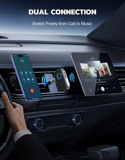 Demonstrates the product's ability to connect two devices simultaneously and switch seamlessly between phone calls and music playback, emphasizing convenience for drivers.