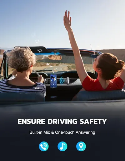 Communicates that the product enables safe, hands-free phone use while driving through built-in mic and one-touch answering, reducing distraction and promoting driver safety. Highlights the core…
