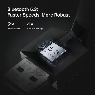 Communicates the technical superiority of Bluetooth 5.3 by highlighting multiple performance benefits: faster connection speeds and broader coverage range to reassure shoppers of enhanced…