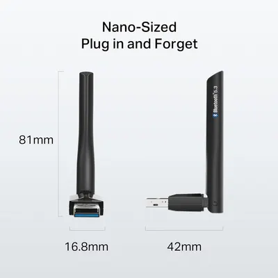 Communicates the product's ultra-compact physical dimensions (81mm height, 16.8mm and 42mm width) to reassure shoppers that it's small, portable, and unobtrusive for Bluetooth connectivity.