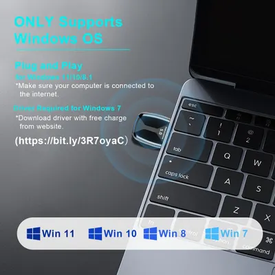 Communicates which Windows operating systems the product supports (Windows 11, 10, 8, and 7 with driver download) to reassure shoppers about compatibility with their computer. Shows the multiple…