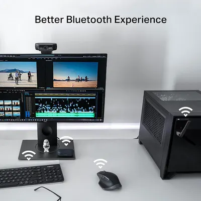 Demonstrates the product's Bluetooth connectivity capability, showing how multiple devices (keyboard, mouse, webcam, and PC) can connect wirelessly for a seamless workspace experience.